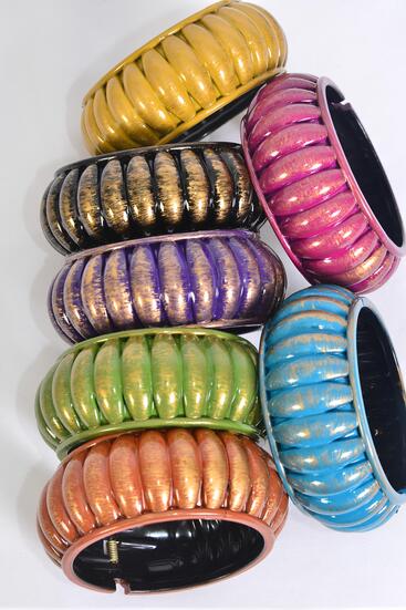 Bracelet Bangle Fall Hinge Acrylic Brush Stroke Ridged Multi / 12 pcs = Dozen Hinge , Size - 2.75" x 1.5" Wide , 2 Blue , 2 Purple , 2 Fuchsia , 2 Gold , 2 Black , 1 Green , 1 Orange Color Asst , hang Tag & Opp bag & UPC Code