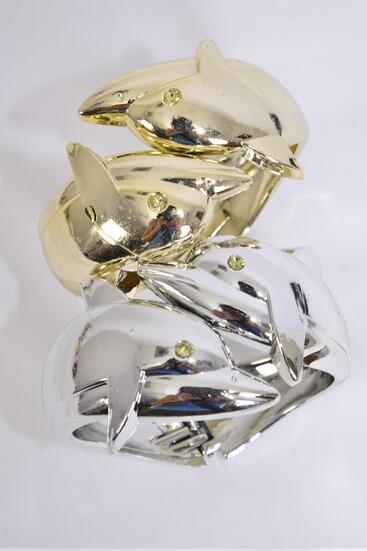 Bracelet Bangle Acrylic Hinge Dolphin Gold Silver Asst / 12 pcs = Dozen Hinge , Size - 2.75 x 1.25" Wide , 6 Gold & 6 Silver Mix , Hang Tag & OPP bag & UPC Code 