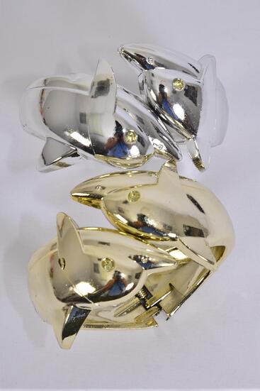 Bracelet Bangle Acrylic Hinge Dolphin Gold Silver Asst / 12 pcs = Dozen Hinge , Size - 2.75 x 1.25" Wide , 6 Gold & 6 Silver Mix , Hang Tag & OPP bag & UPC Code 