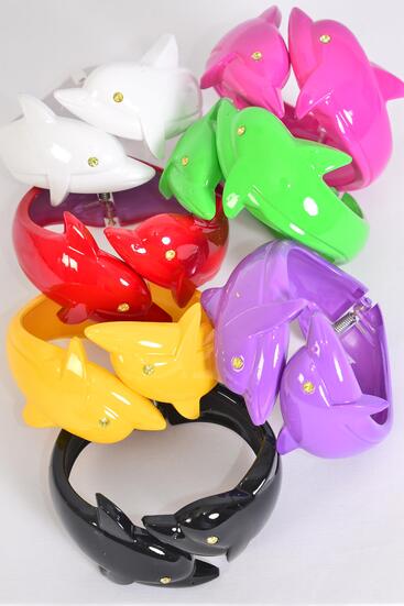 Bracelet Bangle Acrylic Hinge Dolphin Multi Asst / 12 pcs = Dozen Hinge , Size - 2.75 x 1.25" Wide , 2 Black , 2 White , 2 Red ,  2 Yellow , 2 Fuchsia , 1 Purple , 1 Green Mix , Hang Tag & OPP bag & UPC code 