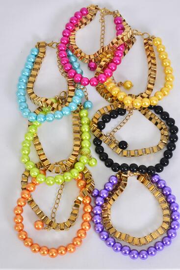 Bracelet 8 mm Glass Pearl Chain Mix Multi / 12 pcs = Dozen Multi , Color - 2 Black , 2 Blue , 2 Fuchsia , 2 Purple , 2 Orange , 1 Lime , 1 Yellow Mix , Hang Tag & OPP bag & UPC Code
