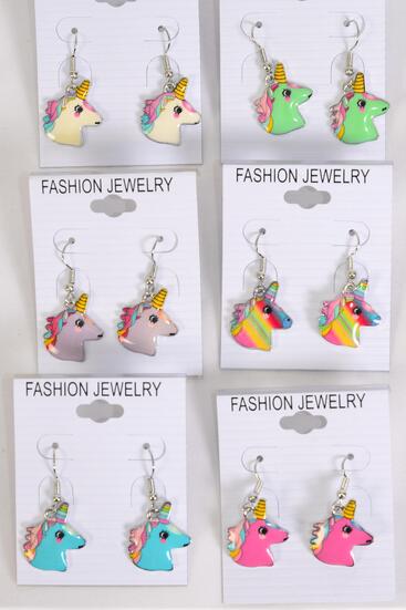 Earrings Unicorn Enamel Color Asst / 12 pair = Dozen Fish Hook , 2 Of each Color Asst , Earring Card & OPP Bag & UPC Code