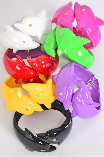 Bracelet Bangle Acrylic Hinge Dolphin Multi Asst / 12 pcs = Dozen Hinge , Size - 2.75 x 1.25" Wide , 2 Black , 2 White , 2 Red ,  2 Yellow , 2 Fuchsia , 1 Purple , 1 Green Mix , Hang Tag & OPP bag & UPC code 