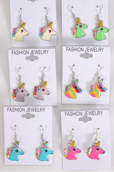 Earrings Unicorn Enamel Color Asst / 12 pair = Dozen Fish Hook , 2 Of each Color Asst , Earring Card & OPP Bag & UPC Code