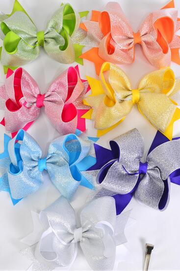 Hair Bow Jumbo Metallic Double Layered Grosgrain Bow-tie Citrus / 12 pcs Bow = Dozen Alligator Clip , Size - 6" x 5" Wide , 2 Fuchsia , 2 Turquoise ,2 White , 2 Purple , 2 Yellow , 1 Orange , 1 Lime Color Asst , Clip Strip & UPC Code