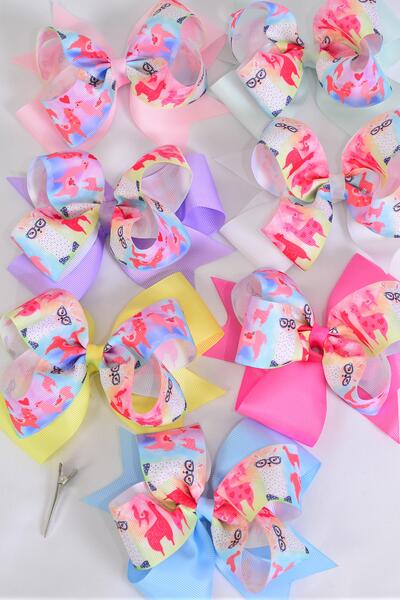 Hair Bow Jumbo Double Layered Llama Grosgrain Bow-tie Pastel / 12 pcs Bow = Dozen Alligator Clip , Size - 6" x 5" , 2 White , 2 Pink , 2 Hot Pink , 2 Lavender , 2 Mint Green , 1 Yellow , 1 Blue Color Asst , Clip Strip & UPC Code