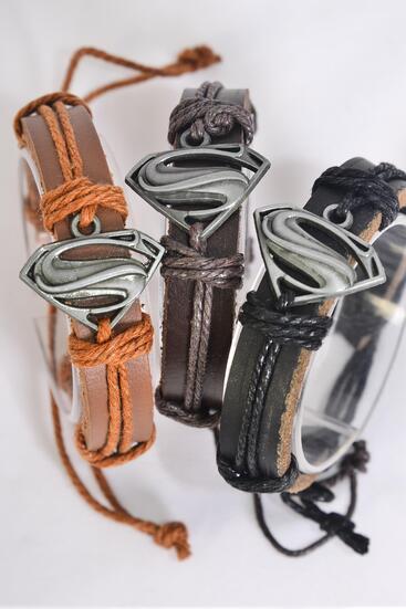 Bracelet Real Leather Band Initial S Symbol Silver / 12 pcs = Dozen  Adjustable , 4 of each Color Mix , Individual Hang tag & OPP Bag & UPC Code