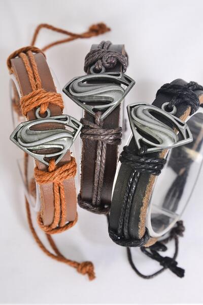 Bracelet Real Leather Band Initial S Symbol Silver / 12 pcs = Dozen  Adjustable , 4 of each Color Mix , Individual Hang tag & OPP Bag & UPC Code