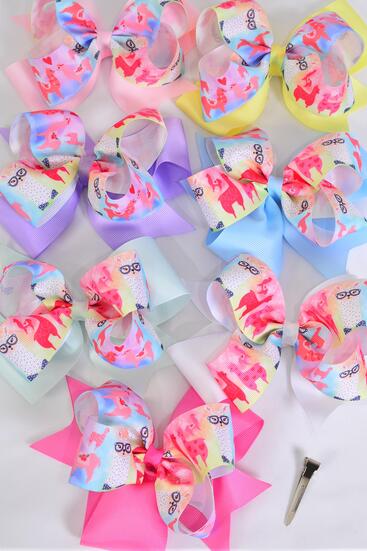 Hair Bow Jumbo Double Layered Llama Grosgrain Bow-tie Pastel / 12 pcs Bow = Dozen Alligator Clip , Size - 6" x 5" , 2 White , 2 Pink , 2 Hot Pink , 2 Lavender , 2 Mint Green , 1 Yellow , 1 Blue Color Asst , Clip Strip & UPC Code