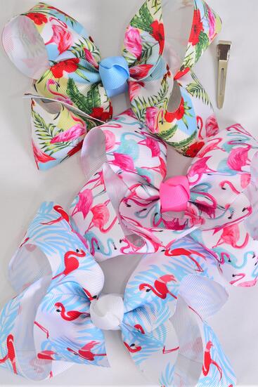 Hair Bow Jumbo Flamingo Grosgrain Bow-tie / 12 pcs Bow = Dozen Alligator Clip , Size - 6" x 5" Wide , 6 Of each Pattern Asst , Clip Strip & UPC Code