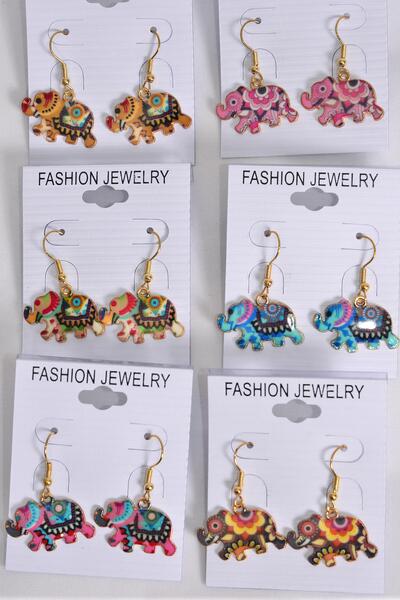 Earrings Elephant Enamel Color Asst / 12 pair = Dozen Match 25088 25028 Multi , Fish Hook , 2 Of each Color Asst , Earring Card & OPP Bag & UPC Code