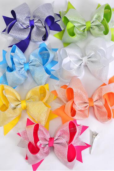 Hair Bow Jumbo Metallic Double Layered Grosgrain Bow-tie Citrus / 12 pcs Bow = Dozen Alligator Clip , Size - 6" x 5" Wide , 2 Fuchsia , 2 Turquoise ,2 White , 2 Purple , 2 Yellow , 1 Orange , 1 Lime Color Asst , Clip Strip & UPC Code