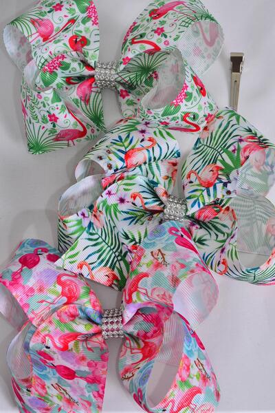 Hair Bow Jumbo Tropical Flamingo Grosgrain Bow-tie / 12 pcs Bow = Dozen Alligator Clip , Bow - 6" x 5" Wide , 4 of each Pattern Asst , Clip Strip & UPC Code