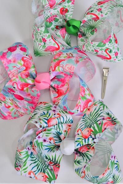 Hair Bow Jumbo Flamingo Grosgrain Bow-tie / 12 pcs bow = Dozen Alligator Clip , Bow - 6" x 5" Wide , 4 of each Pattern Asst , Clip Strip & UPC Code