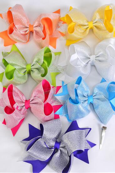 Hair Bow Jumbo Metallic Double Layered Grosgrain Bow-tie Citrus / 12 pcs Bow = Dozen Alligator Clip , Size - 6" x 5" Wide , 2 Fuchsia , 2 Turquoise ,2 White , 2 Purple , 2 Yellow , 1 Orange , 1 Lime Color Asst , Clip Strip & UPC Code