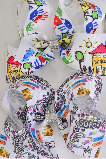 Hair Bow Jumbo Back to School etc Grosgrain Bow-tie / 12 pcs Bow = Dozen  Back to school , Alligator Clip , Size - 6" x 5" Wide , 6 Of Each Pattern Asst , Clip Strip & UPC Code