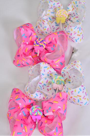 Hair Bow Jumbo Sprinkles w Lollipop Charm Grosgrain Bow-tie / 12 pcs Bow = Dozen Lollipop , Alligator Clip , Size - 6" x 5" Wide , 6 of each Color Asst , Clip Strip and UPC Code