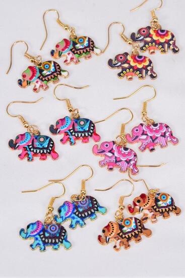 Earrings Elephant Enamel Color Asst Multi / 12 pair = Dozen Multi , Fish Hook , 2 Of each Color Asst , Earring Card & OPP Bag & UPC Code