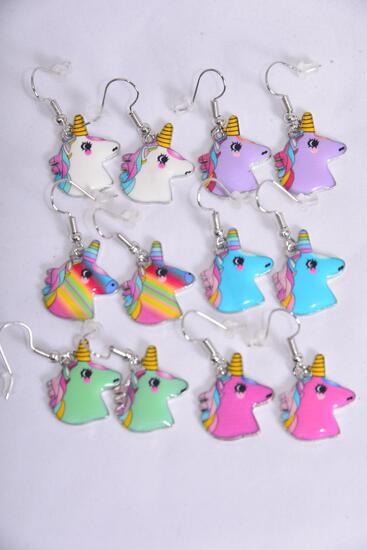Earrings Unicorn Enamel Color Asst Multi / 12 pair = Dozen Fish Hook , 2 Of each Color Asst , Earring Card & OPP Bag & UPC Code
