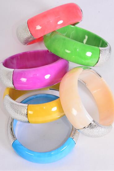 Bracelet Bangle Acrylic Marble Look w Silver Trim Multi Color Mix / 12 pcs = Dozen Multi , Size - 2.75" x 1" Wide , 2 of each Color Asst , Hang Tag & Opp bag & UPC Code