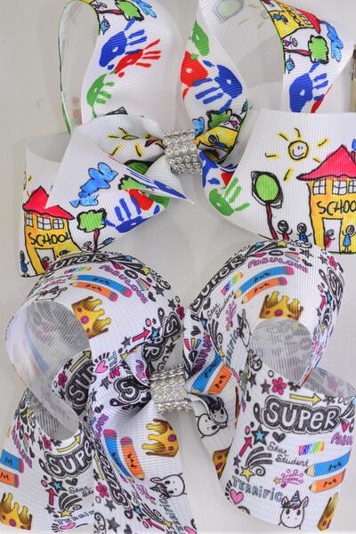 Hair Bow Jumbo Back to School etc Grosgrain Bow-tie / 12 pcs Bow = Dozen  Back to school , Alligator Clip , Size - 6" x 5" Wide , 6 Of Each Pattern Asst , Clip Strip & UPC Code