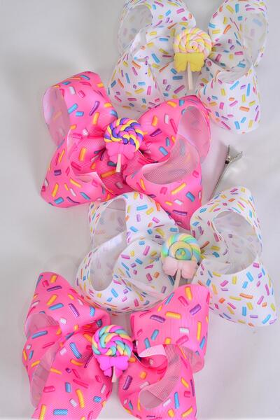 Hair Bow Jumbo Sprinkles w Lollipop Charm Grosgrain Bow-tie / 12 pcs Bow = Dozen Lollipop , Alligator Clip , Size - 6" x 5" Wide , 6 of each Color Asst , Clip Strip and UPC Code