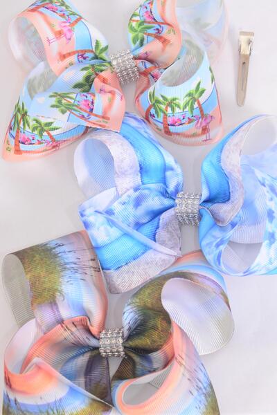 Hair Bow Jumbo Pam Tree Sand Ocean Grosgrain Bow-tie / 12 pcs Bow = Dozen Alligator Clip , Bow - 6" x 5" Wide , 4 of each Pattern Asst , Clip Strip & UPC Code