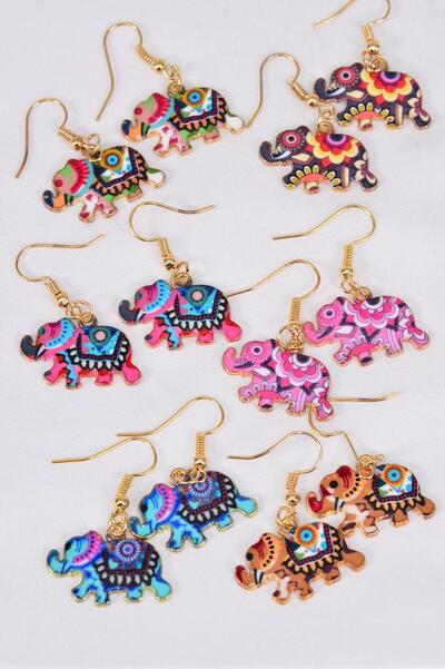 Earrings Elephant Enamel Color Asst Multi / 12 pair = Dozen Multi , Fish Hook , 2 Of each Color Asst , Earring Card & OPP Bag & UPC Code