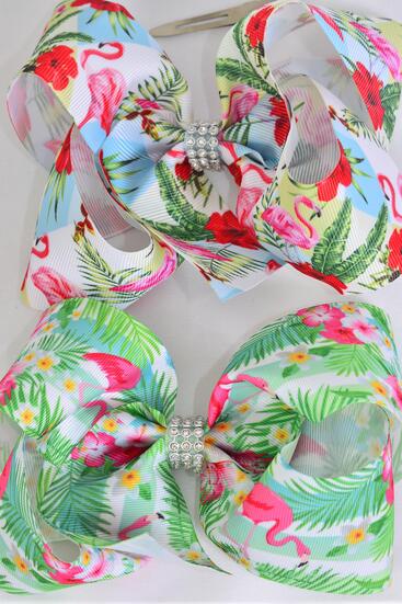 Hair Bow Jumbo Flamingo Pam Tree Etc Mix Grosgrain Bow-tie / 12 pcs bow = Dozen Alligator Clip , Size - 6" x 5" Wide , 6 of each Pattern Asst , Clip Strip & UPC Code