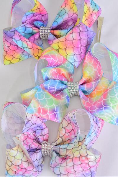 Hair Bow Jumbo Mermaid Scale Tiedye Gradient Grosgrain Bow-tie / 12 pcs Bow = Dozen Alligator Clip , Size - 6" x 5" Wide , 4 Of Each Pattern Asst , Clip Strip & UPC Code
