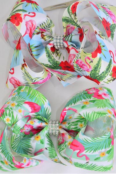 Hair Bow Jumbo Flamingo Pam Tree Etc Mix Grosgrain Bow-tie / 12 pcs bow = Dozen Alligator Clip , Size - 6" x 5" Wide , 6 of each Pattern Asst , Clip Strip & UPC Code