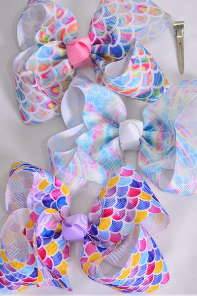 Hair Bow Jumbo Mermaid Scale Tiedye Grosgrain Bow-tie / 12 pcs Bow = Dozen Alligator Clip , Size - 6" x 5" Wide , 4 Of Each Pattern Asst , Clip Strip & UPC Code