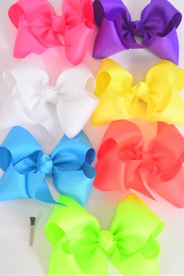 Hair Bow Extra Jumbo Cheer Type Bow Caribbean Neon Grosgrain Bow-tie / 12 pcs Bow = Dozen Caribbean Neon , Alligator Clip , Size - 8" x 7" , 2 Turquoise, 2 Orange , 2 White , 2 Purple , 2 Pink , 1 Yellow , 1 Lime Mix , Clip Strip & UPC Code