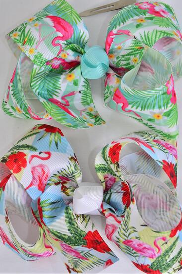 Hair Bow Jumbo Flamingo Flower Pam Tree Pattern Mix Grosgrain Bow-tie / 12 pcs bow = Dozen Alligator Clip , Size - 6" x 5" Wide , 6 of each Pattern Asst , Clip Strip & UPC Code