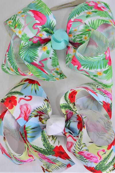 Hair Bow Jumbo Flamingo Flower Pam Tree Pattern Mix Grosgrain Bow-tie / 12 pcs bow = Dozen Alligator Clip , Size - 6" x 5" Wide , 6 of each Pattern Asst , Clip Strip & UPC Code