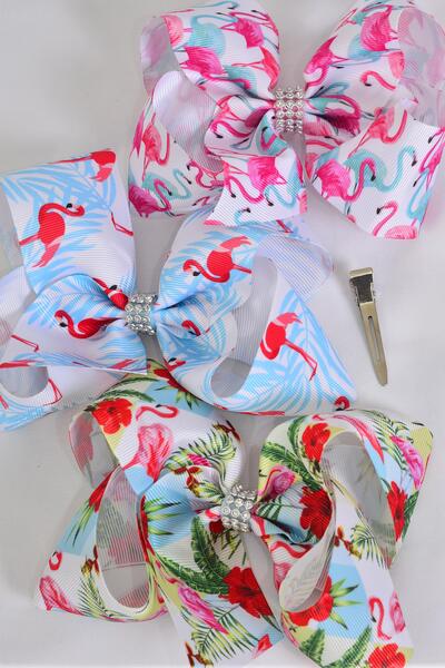 Hair Bow Jumbo Flamingo Grosgrain Bow-tie / 12 pcs Bow = Dozen Alligator Clip , Size - 6" x 5" Wide , 4 of each Pattern Asst , Clip Strip & UPC Code