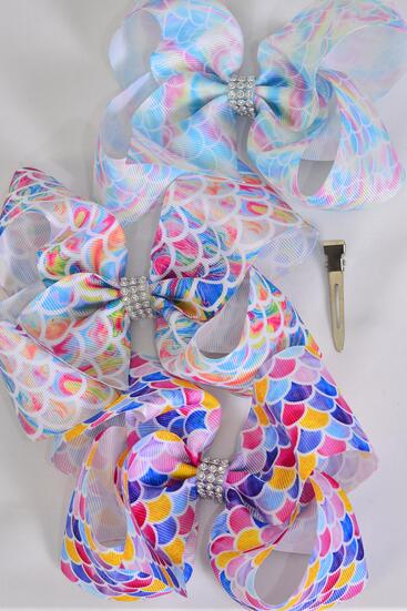 Hair Bow Jumbo Mermaid Scale Tiedye Gradient Grosgrain Bow-tie / 12 pcs Bow = Dozen  Mermaid Scale , Alligator Clip , Size - 6" x 5" Wide , 4 Of Each Pattern Asst , Clip Strip & UPC Code