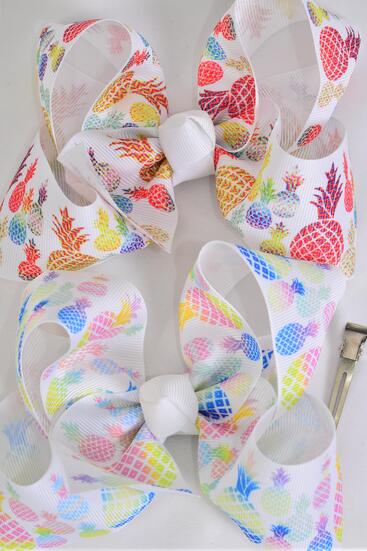 Hair Bow Jumbo Pineapple Mix Grosgrain Bow-tie / 12 pcs Bow = Dozen Pineapple , Alligator Clip , Size - 6" x 5" Wide , 6 of each Pattern Asst , Clip Strip and UPC Code