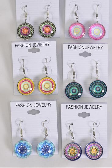 Earrings Aztec Double Sided Glass Dome / 12 pair = Dozen Fish Hook , Size - 0.75" Wide , 2 of each Pattern Asst , Earring Card & OPP Bag & UPC Code