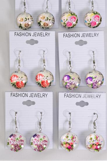 Earrings Inspirational Double Sided Glass Dome / 12 pair = Dozen Fish Hook , Size - 0.75" Wide , 2 of each Pattern Asst , Earring Card & OPP Bag & UPC Code