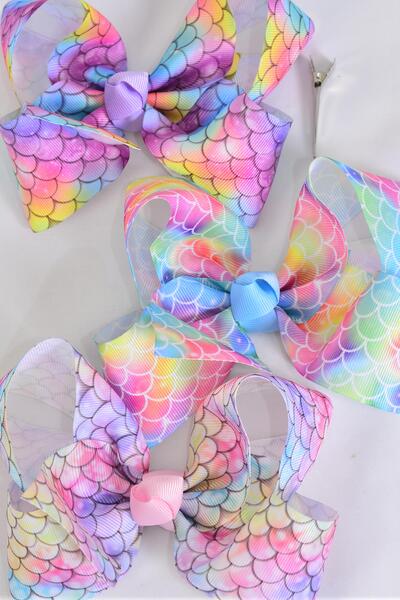 Hair Bow Jumbo Mermaid Scale Grosgrain Bow-tie / 12 pcs Bow = Dozen Alligator Clip , Size - 6" x 5" Wide , 4 Of Each Pattern Asst , Clip Strip & UPC Code