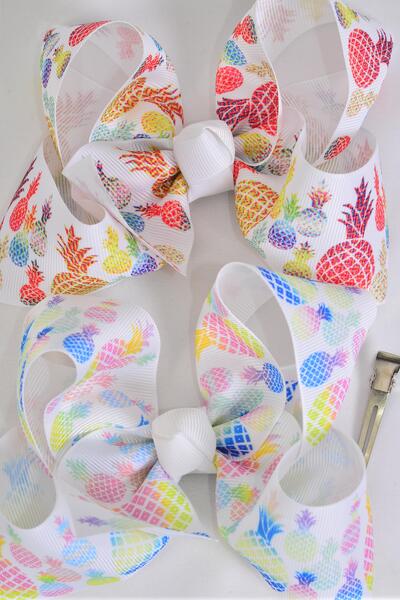Hair Bow Jumbo Pineapple Mix Grosgrain Bow-tie / 12 pcs Bow = Dozen Pineapple , Alligator Clip , Size - 6" x 5" Wide , 6 of each Pattern Asst , Clip Strip and UPC Code