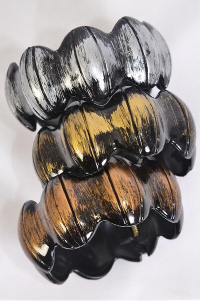 Bracelet Bangle Acrylic Hinge Oval Brush Stroke Antique / 12 pcs = Dozen Hinge , Size - 2.75" x 1.25" , 4 of each Color Asst , Hang Tag & OPP Bag & UPC Code