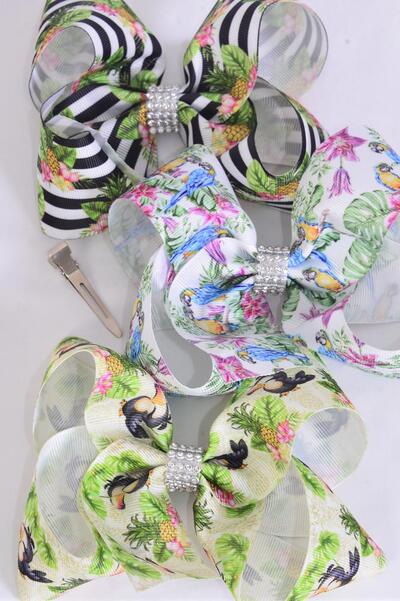 Hair Bow Jumbo Tropical Birds Grosgrain Bow-tie /  12 pcs Bow = Dozen  Alligator Clip , Size - 6" x 5" Wide , 4 of each Pattern Asst , Clip Strip and UPC Code