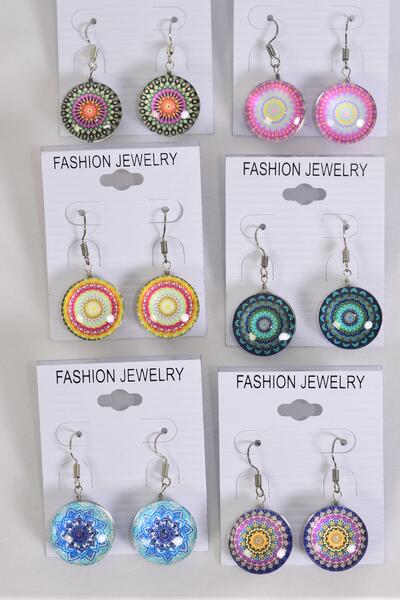 Earrings Aztec Double Sided Glass Dome / 12 pair = Dozen Fish Hook , Size - 0.75" Wide , 2 of each Pattern Asst , Earring Card & OPP Bag & UPC Code