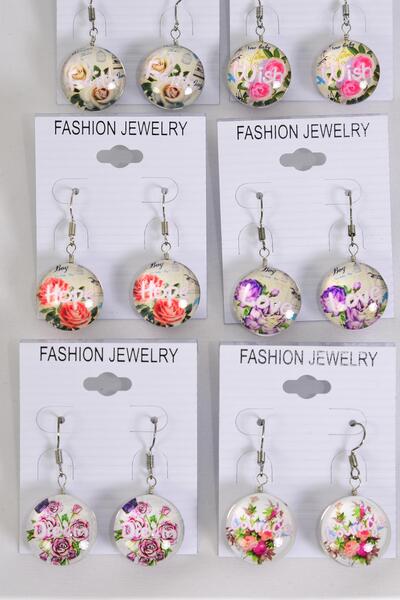 Earrings Inspirational Double Sided Glass Dome / 12 pair = Dozen Fish Hook , Size - 0.75" Wide , 2 of each Pattern Asst , Earring Card & OPP Bag & UPC Code