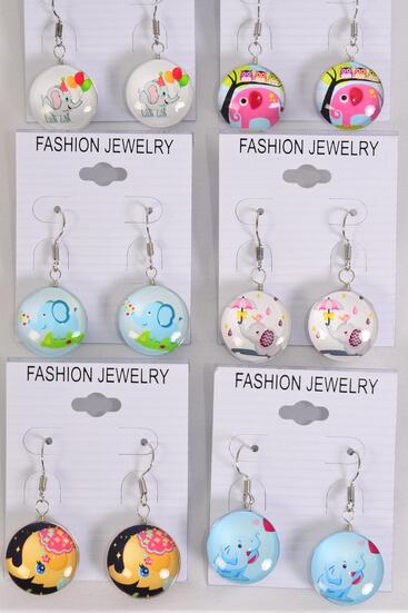 Earrings Cute Cartoon Elephant Double Sided Glass Dome / 12 pair = Dozen Fish Hook , Size - 0.75" Wide , 2 of each Pattern Asst , Earring Card & OPP Bag & UPC Code