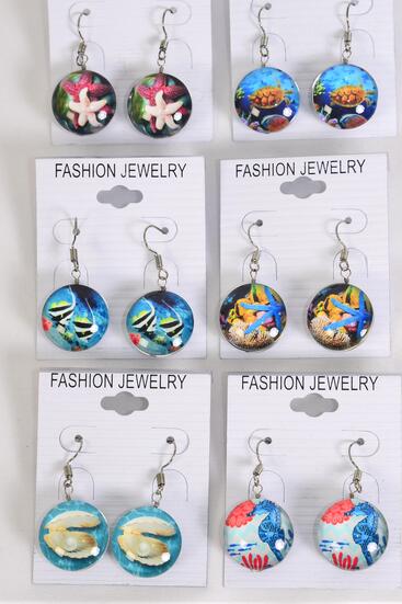 Earrings Under the Sea Ocean Creatures Double Sided Glass Dome / 12 pair = Dozen  match 70258 Fish Hook , Size - 0.75" Wide , 2 of each Pattern Asst , Earring Card & OPP Bag & UPC Code