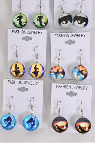 Earrings Mermaid Double Sided Glass Dome / 12 pair = Dozen  match 70270 Fish Hook , Size - 0.75" Wide , 2 of each Design Asst , Earring Card & OPP Bag & UPC Code