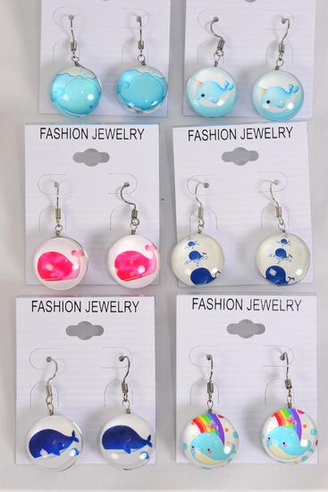 Earrings Cute Dolphin Whale Narwhal Mix Double Sided Glass Dome / 12 pair = Dozen Fish Hook , Size - 0.75" Wide , 2 of each Pattern Asst , Earring Card & OPP Bag & UPC Code